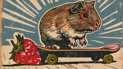 Block Print of A guinea pig riding a strawberry skateboard
