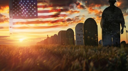Great for fourth of July Memorial Day labour day or flag day Grave stones in a row with a soldier silhouette and an US National flag : Generative AI