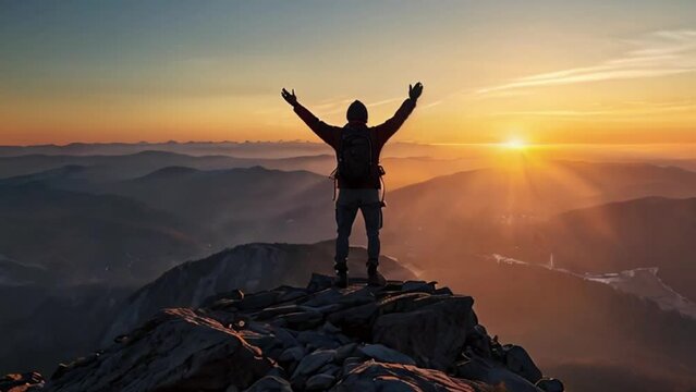 Man Celebrating Success on Mountain Peak at Sunrise
