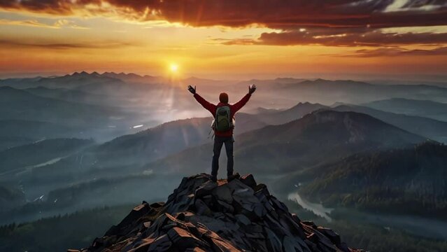 Hiker Reaches Mountain Summit at Sunrise with Dramatic Sky and Foggy Valley