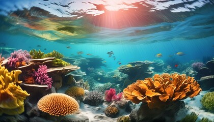 Ocean underwater scene of picturesque coral reef. Based on Generative AI
