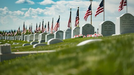 Endless row of white marble gravestones continues above hilltop at the Fort Logan National Cemetery in Denver Colorado American flags decorating each grave to mark the Memorial Day : Generative AI