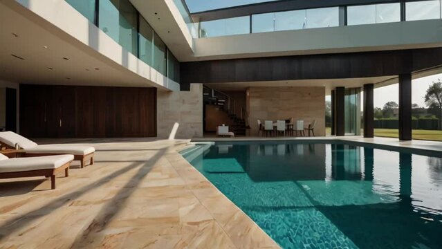 Modern Luxury Home with Indoor-Outdoor Pool, Loungers, and Glass Walls