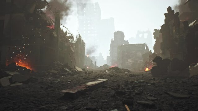 Drone Shot Of War Zone Destruction Exploded Buildings Violence Ukrainian City Aggression