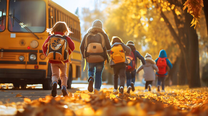 Rearview group of kindergarten children kids with backpacks running towards yellow school bus in sunny autumn fall nature morning outdoors. Pupils transportation and travel to elementary school 