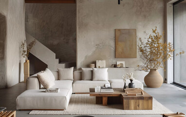 Modern living room interior with comfortable beige sofa