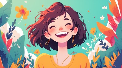 Image of a cheerful cartoon icon featuring a young woman full of joy