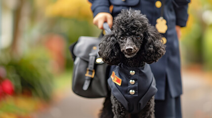 A Toy Poodle wearing a postal service uniform