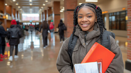 Happy African American school girl with paper and document standing at college building, back to school and education concept - Powered by Adobe