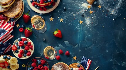 Fourth of July Patriotic Independence day desserts  4th of July sweet brunch food and snacks  toast sandwiches flakes with berries cake pancakes champagne with glasses holiday decor fl : Generative AI - Powered by Adobe