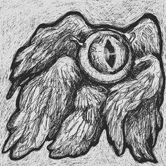 Original illustration created by human. Can be used as background or cover, clothes design, or other. Gothic art, magical sketch. Biblically accurate angel, eye with wings.