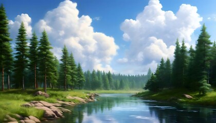 Obraz premium Landschaft Fluss mit Pinienwald. Hintergrund für das Design 1.