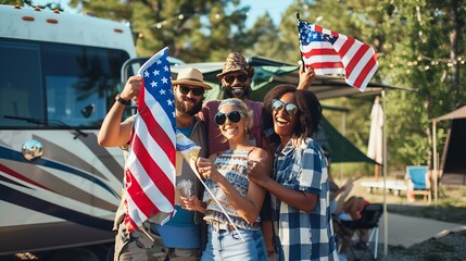 Millennial interracial friends holding American flag and smiling in front of RV at campsite Young multinational people celebrating national Independence Day holiday outdoors : Generative AI