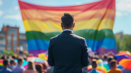 A man looking at rainbow flag  with group of diverse people celebrating pride festival together, LGBTQ community concept.  - Powered by Adobe