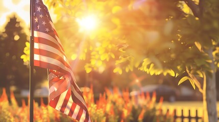 Concept of Memorial Day Remember and Honor 4th of July Independence Day Veteran Day Holiday Celebration American USA flag waving in sunset outdoor background for honoring mourning USA  : Generative AI