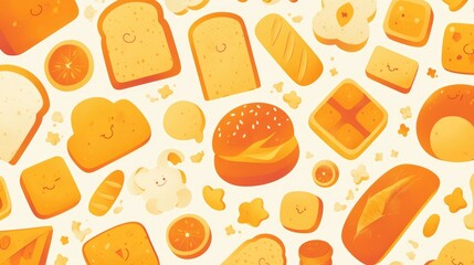 A whimsical bread themed 2d pattern illustrated in a cartoon style ideal for web design