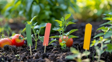 A set of brightly colored garden markers perfect for labeling different plants and veggies.