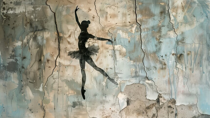 Ballerina Silhouette on Cracked Wall, Urban Street Art, Vintage and Artistic

