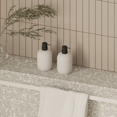 Composition of cosmetic product bottles in modern bathroom interior , hair and body care , mock up ready , 3d rendering