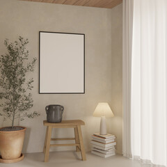 Wabi sabi style interior design with wooden bench , tree plant , lamp and empty poster frame , mock up , 3d rendering