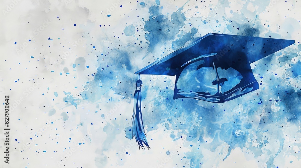 Wall mural blue graduation cap with tassel on white background, watercolor Generative AI - Wall murals
