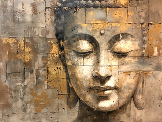 Buddha on a light background, in muted earth and gold colors, in the style of acrylic painting. Vesak. Nirvana. Enlightenment.