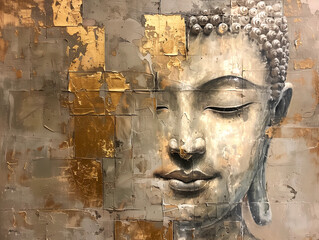 Buddha on a light background, in muted earth and gold colors, in the style of acrylic painting. Vesak. Nirvana. Enlightenment.
