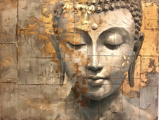 Buddha on a light background, in muted earth and gold colors, in the style of acrylic painting. Vesak. Nirvana. Enlightenment.