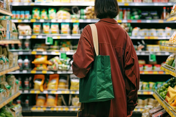 A woman with a green reusable shopping bag browsing the aisles of a grocery store, highlighting eco-friendly shopping practices and a wide variety of products on the shelves