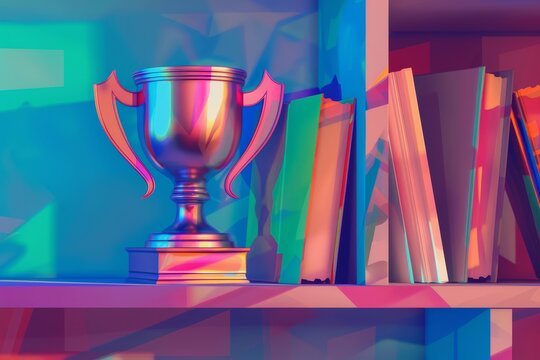 Flat design illustration of a trophy beside a book, top view, 3D render with tetradic colors selective focus, scholastic success, vibrant, Double exposure, classroom shelf backdrop