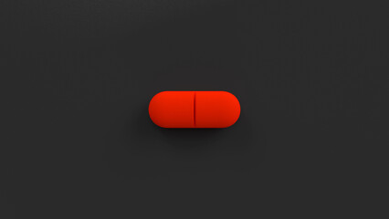 Red single pill isolated on a black background. Tablet, pill top view, flat lay. 3d render illustration 