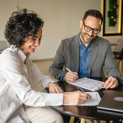 Mature woman sign insurance or contract to adult man in cafe