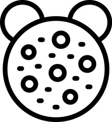 Black and white line art icon depicting a mouse face shaped cookie with circles