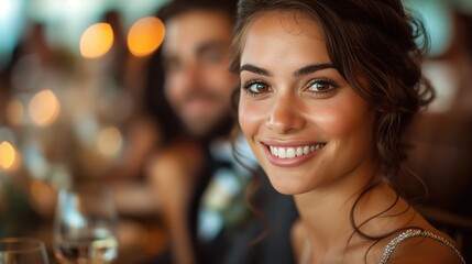 Fototapeta premium a happy woman in classy gown have a dinner at luxurious place full of people with bokeh light