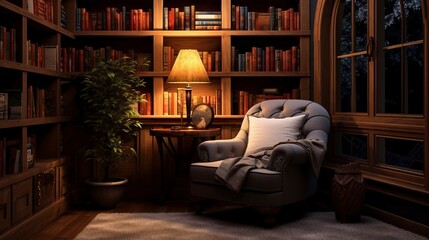 photo of a cozy reading nook with built-in bookshelves.