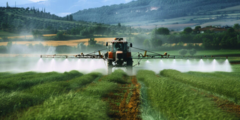 Fototapeta premium Spraying Crops in Rural Farmland