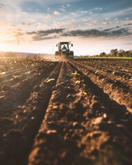 Fototapeta premium Vegetable field, low angle shot, machinery, dirt, dramatic, cinematic, golden hour