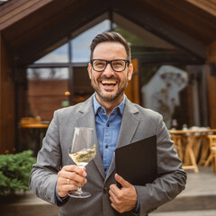 Portrait of adult man stand in front of winery hold wine and clipboard