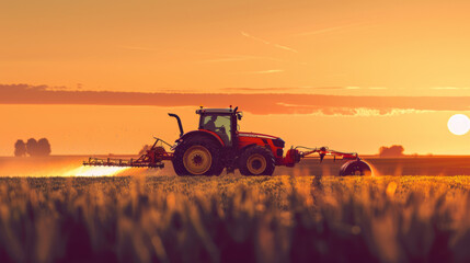 Fototapeta premium Irrigation tractor in action, spraying an agricultural crop, against the backdrop of a picturesque sunset.