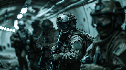 A Cinematic scene, a group of special operation soldiers posing in front of the camera. Special ops, army, marines