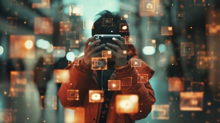 Fototapeta premium Video marketing icons surrounding a person