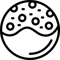 Simple black and white drawing of a classic chocolate chip cookie
