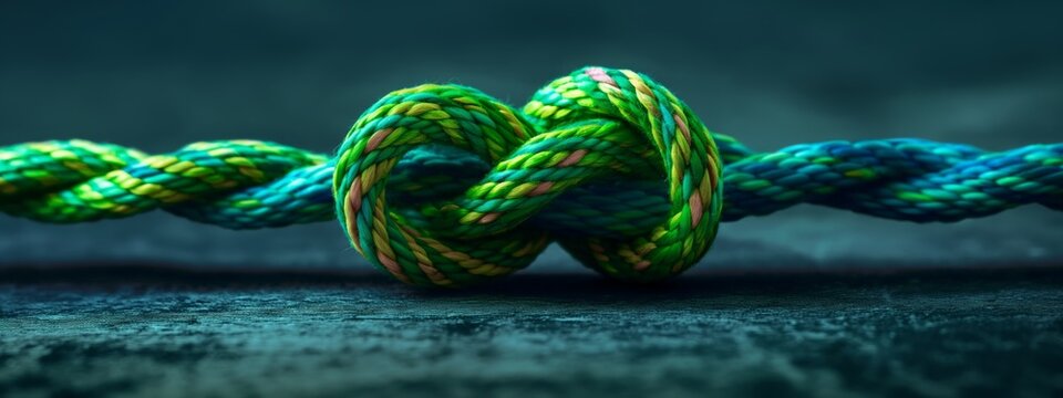 Bright green rope with a tied knot on a dark background, banner