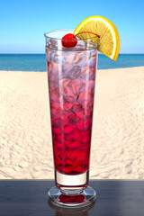 Refreshing cocktail with cherry and orange on wooden table in the beach bar. Picturesque background with sand and sea. Glass Sling. 3d rendering.