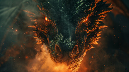 Fototapeta premium A dragon suddenly appears out of the fog and seems to be about to burst into flames.いきなり霧の中から現れたドラゴンが今にも炎を吐きそうな背景,Generative AI。