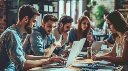 A group of young professionals are working together on a project. They are using laptops and tablets to collaborate on the task. They are all wearing casual clothes and look to be enjoying their work