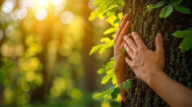 The warmth of sunlight filters through the leaves, highlighting human hands gently embracing the trunk of a tree