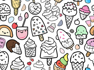 A black and white drawing of various ice cream flavors and toppings. The scene is playful and fun, with the various ice cream flavors and toppings creating a sense of whimsy and delight
