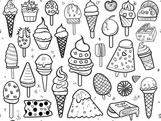 A black and white drawing of various ice cream flavors and toppings. The scene is playful and fun, with the various ice cream flavors and toppings creating a sense of whimsy and delight