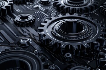 Hyper realistic black gear design with a technical and engineering education banner copy space, technological advancement, futuristic, Multilayer, blueprint backdrop